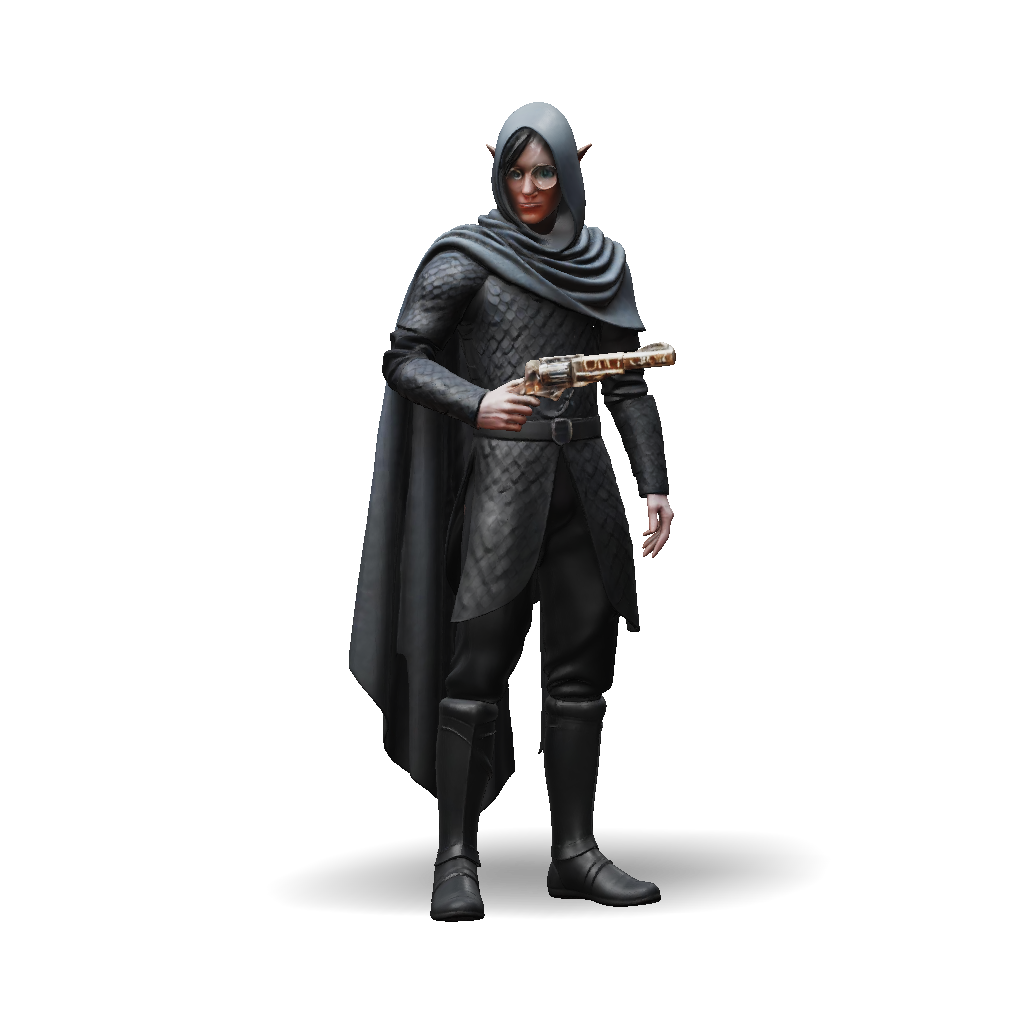 3D Model: fantasy elf warrior with scale armor and glowing gun in a ...