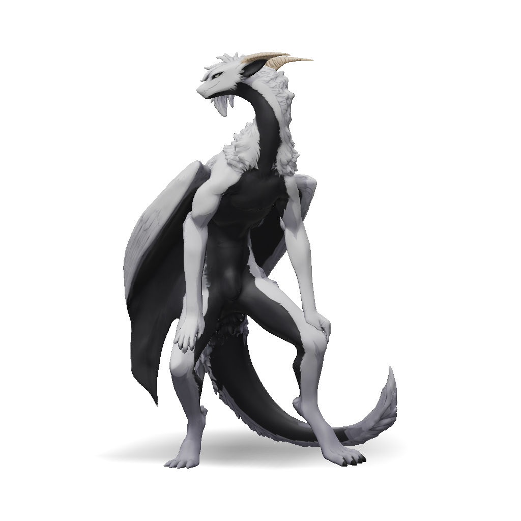 3D Model: dragon creature with black and white fur long neck horns ...