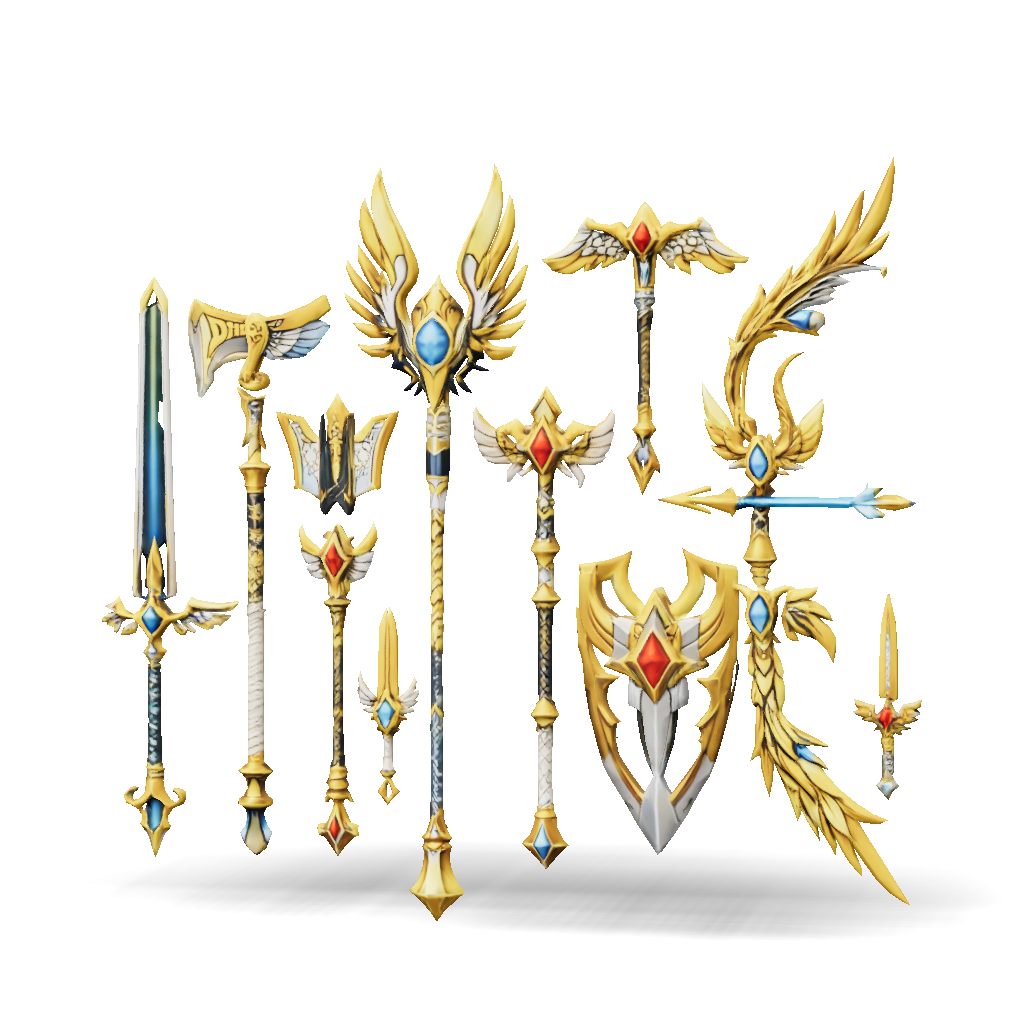 3D Model: ornate fantasy weapon assortment with gold and blue accents ...