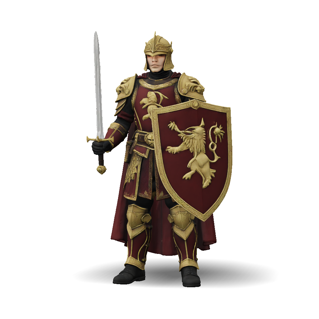 3D Model: armored knight with lion crest shield and sword in ornate ...