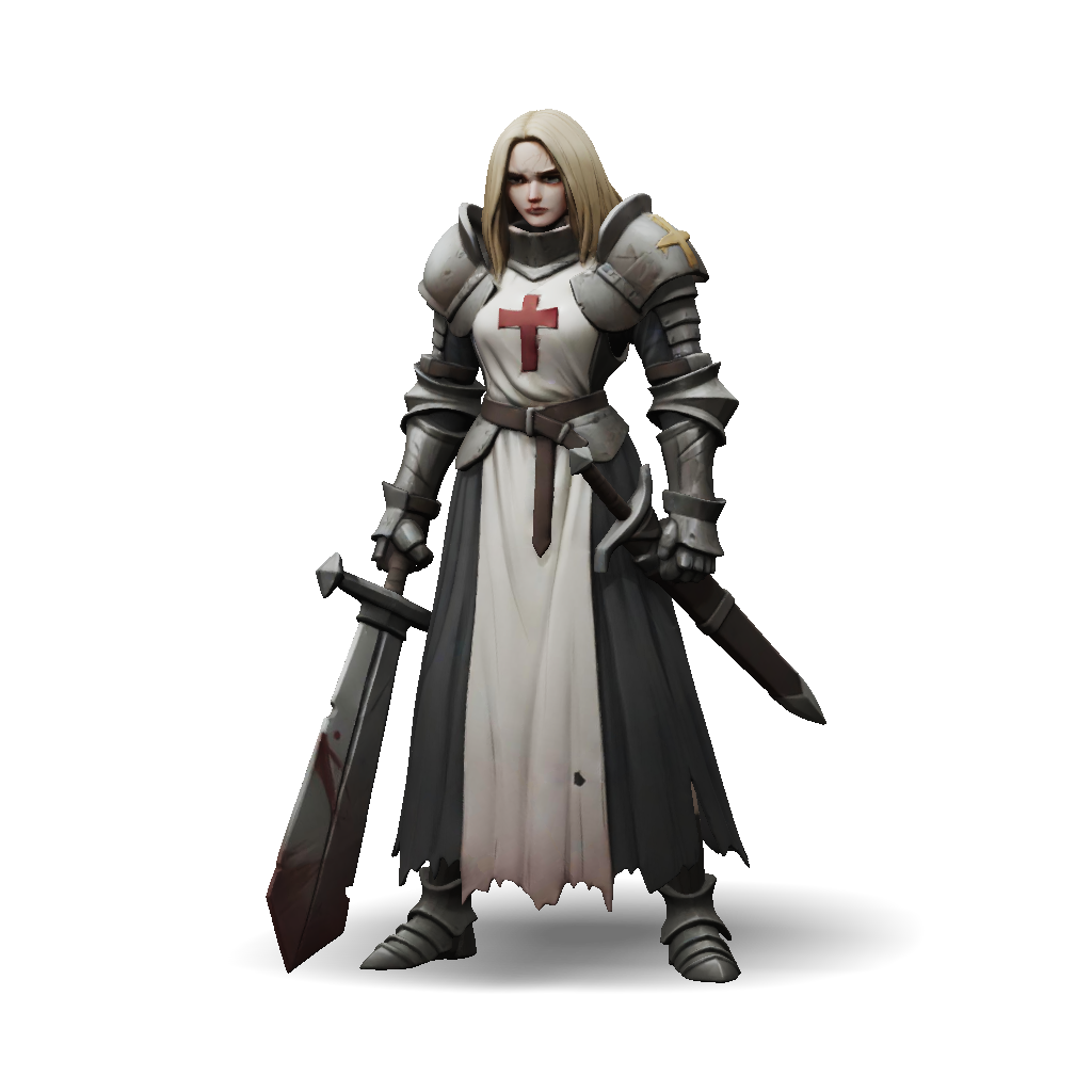 3D Model: armored knight with tunic bearing red cross holding a large ...