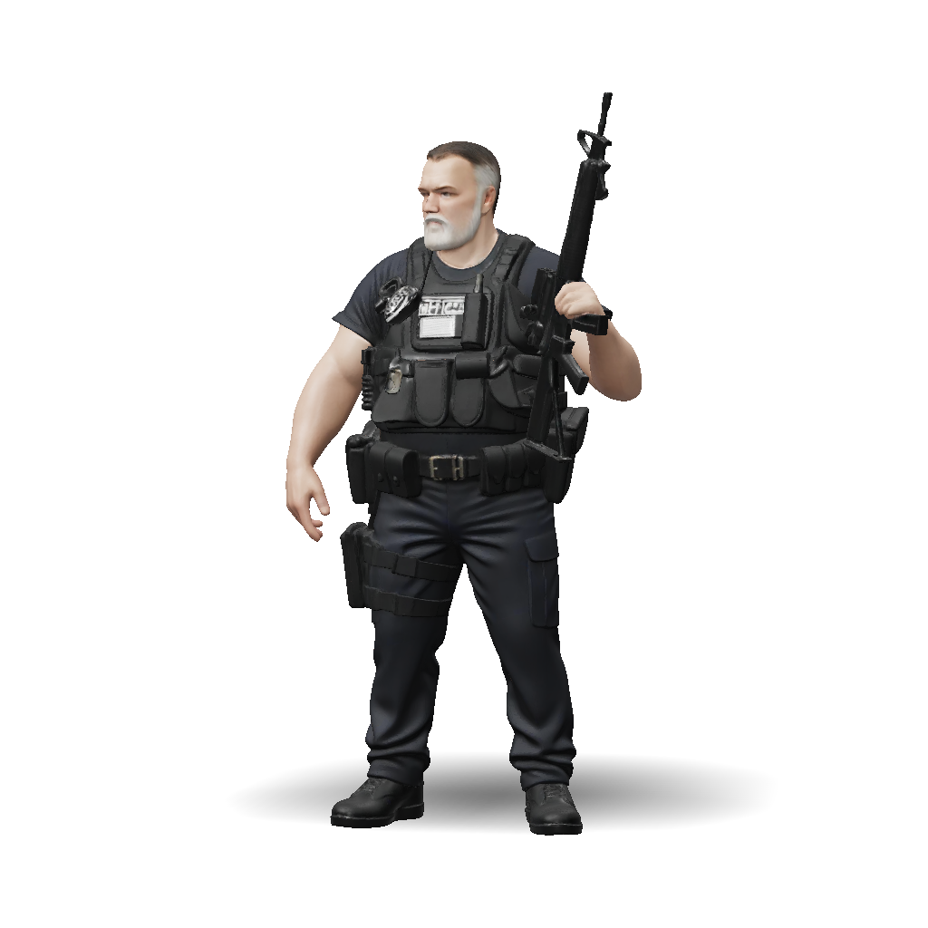3D Model: Police Officer Wearing Tactical Vest And Holding Rifle