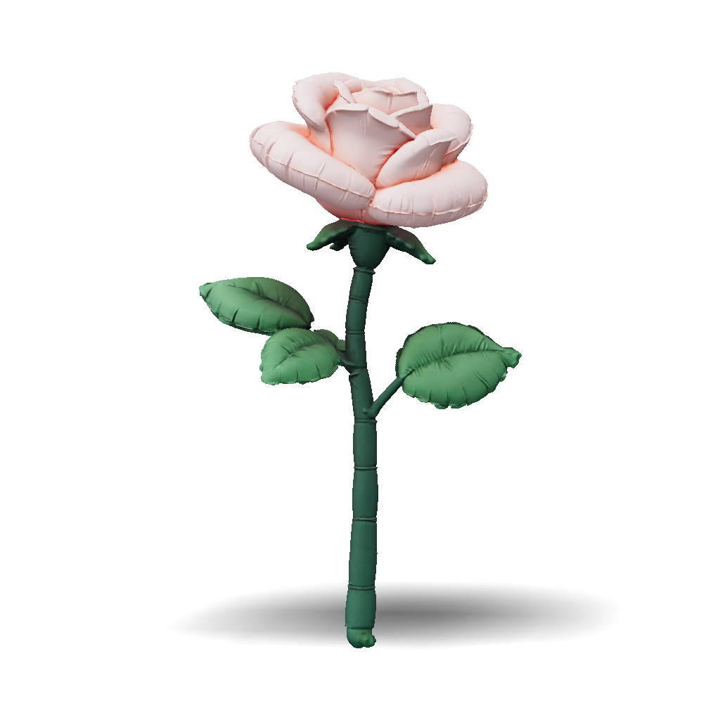 3D Model: pink balloon rose with green stem and leaves
