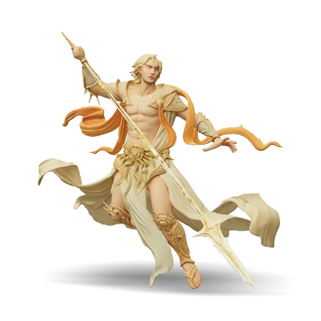 3D Model: muscular fantasy warrior with gold armor flowing cape and staff