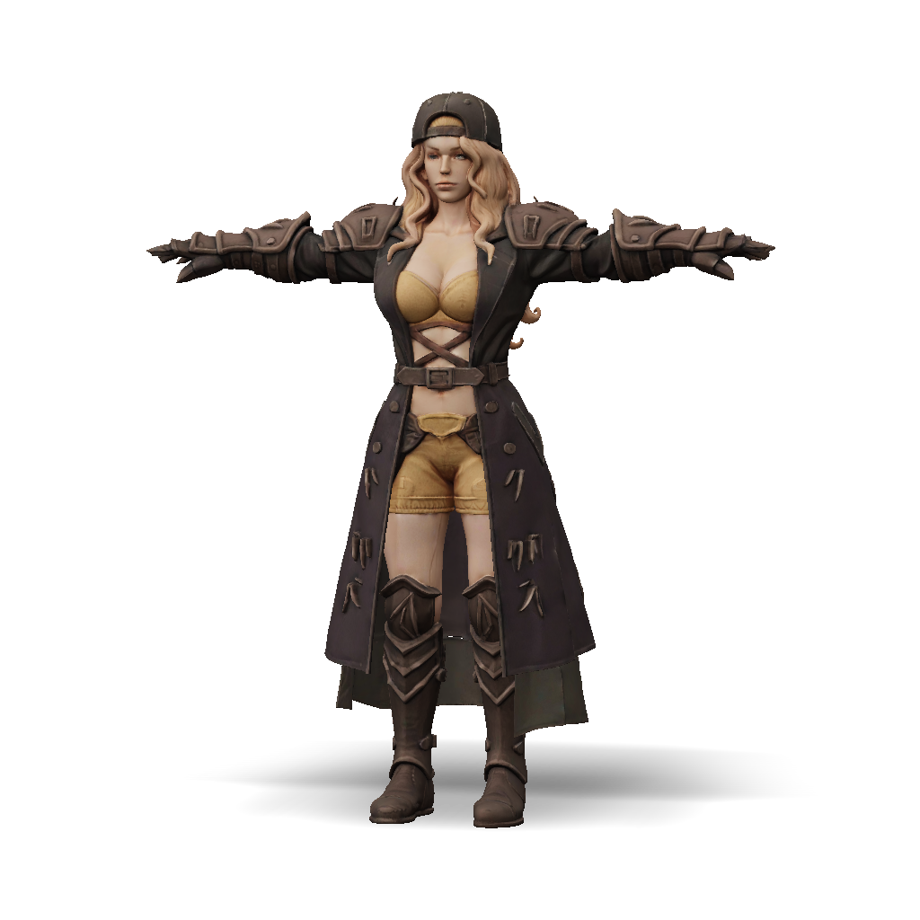 3D Model: female armored warrior with long dark coat gold armor and ...