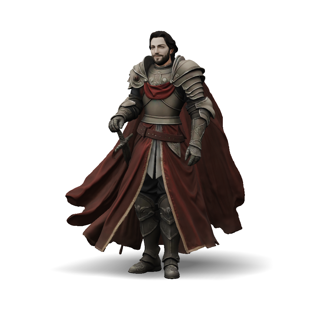 3D Model: medieval knight in ornate plate armor with red cape wielding ...