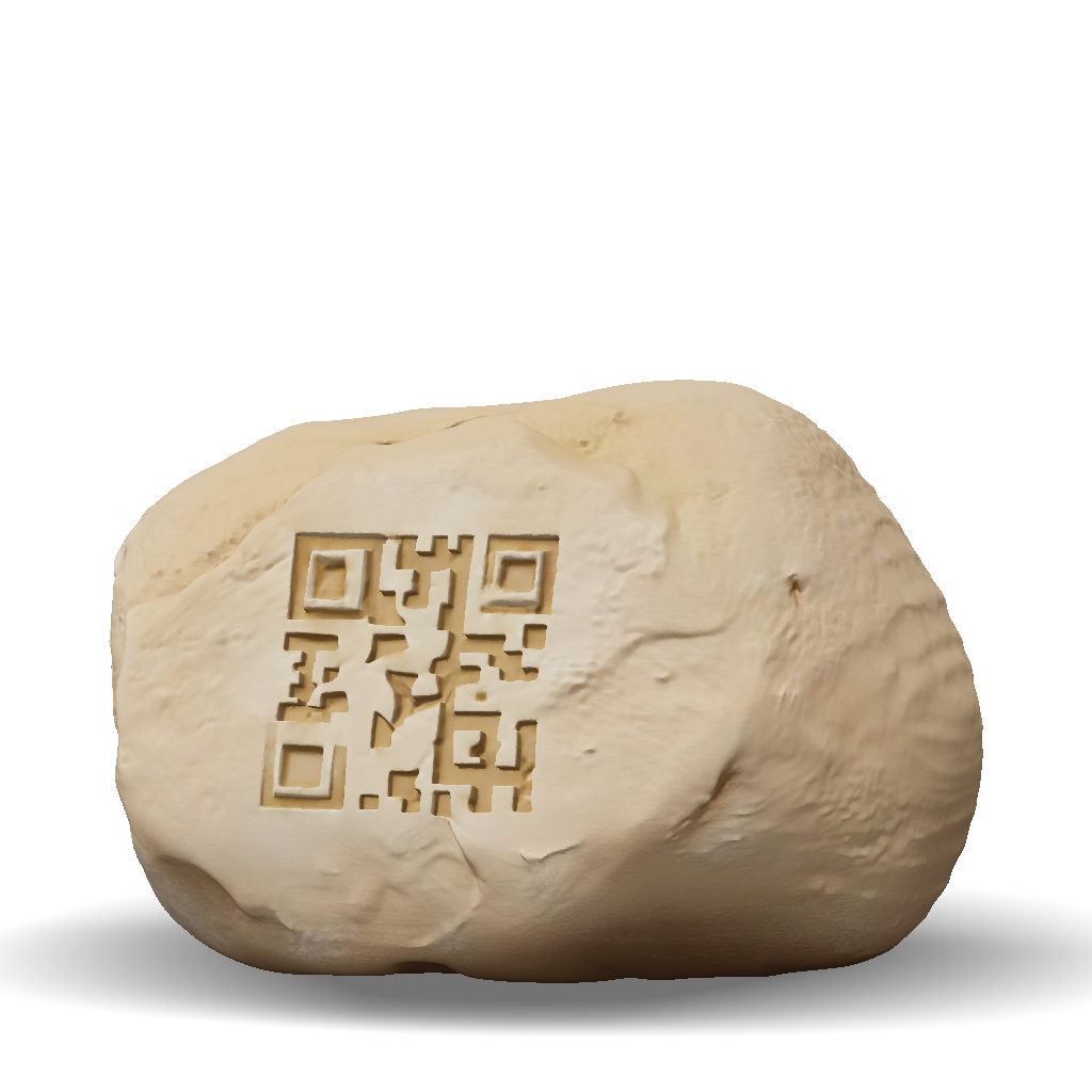 Qr Code For Rok 3D Model: rock with QR code engraved on brown stone surface