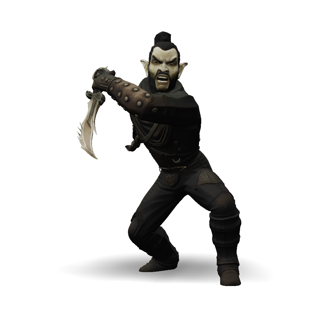 3D Model: armored warrior wielding curved blade in dark fantasy cityscape