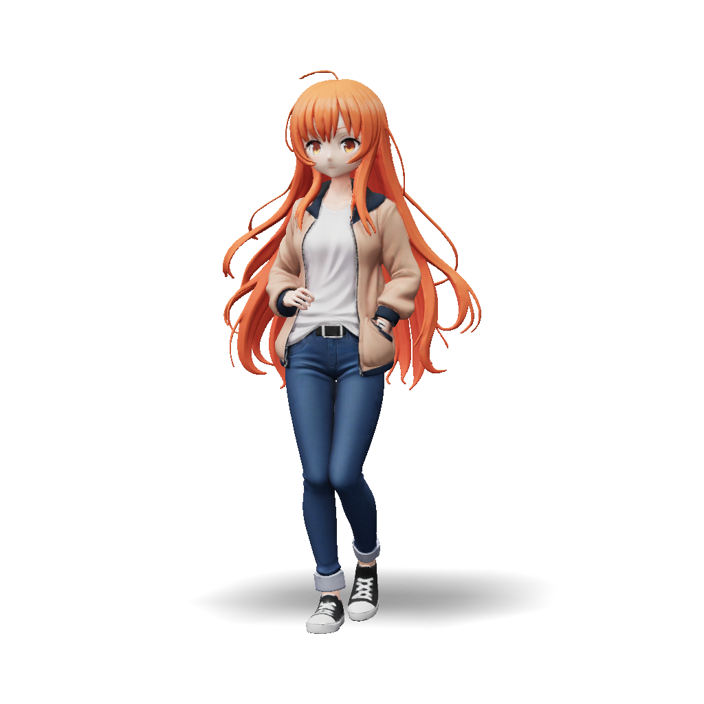 3D Model: anime girl with orange hair wearing a jacket and jeans in a ...