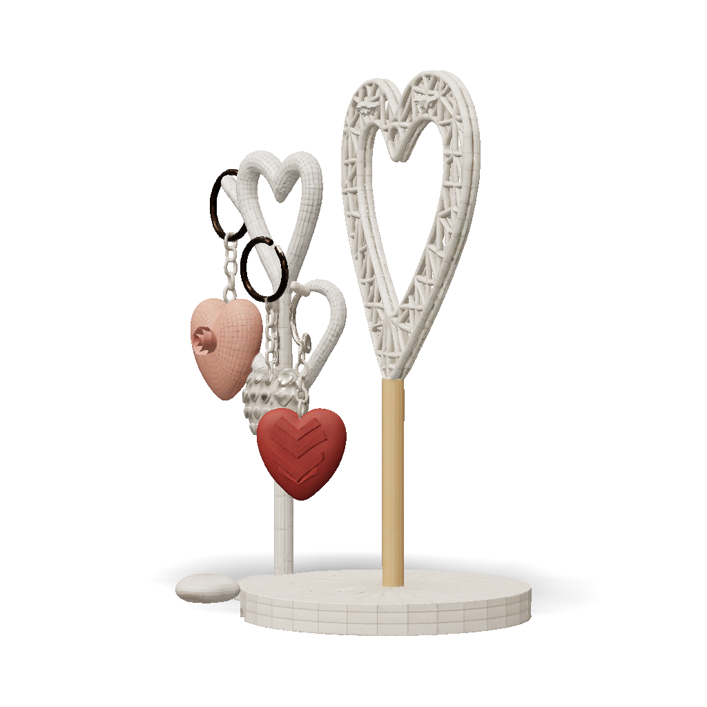 Heart Chain Display 3D Model: White lattice heart jewelry display with gold stem and ...
