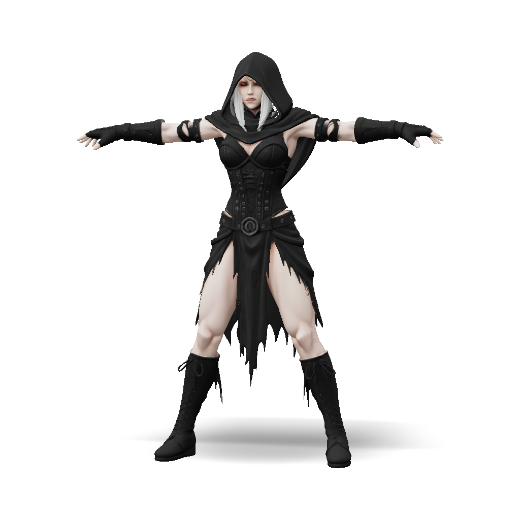 3D Model: female armored warrior in black leather armor with hood and ...