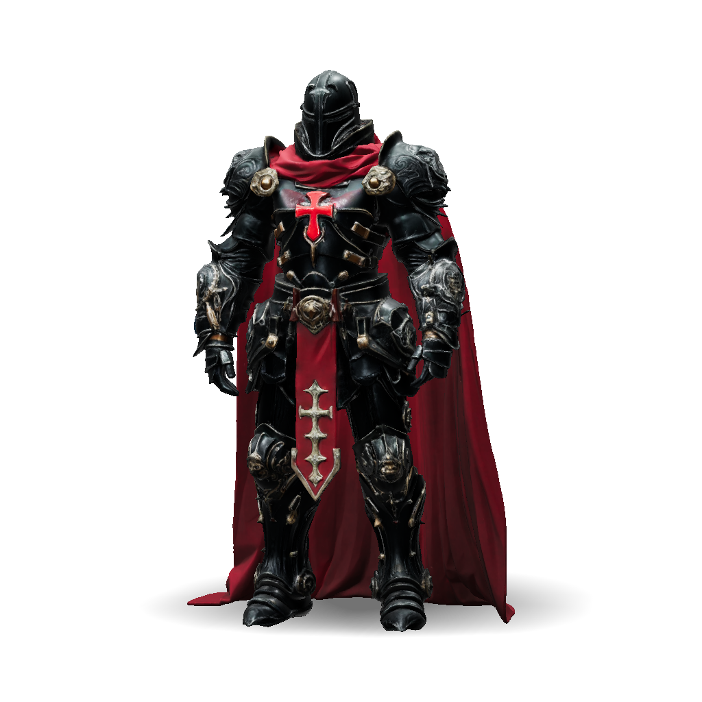 3D Model: medieval knight in ornate black plate armor with red cape and ...
