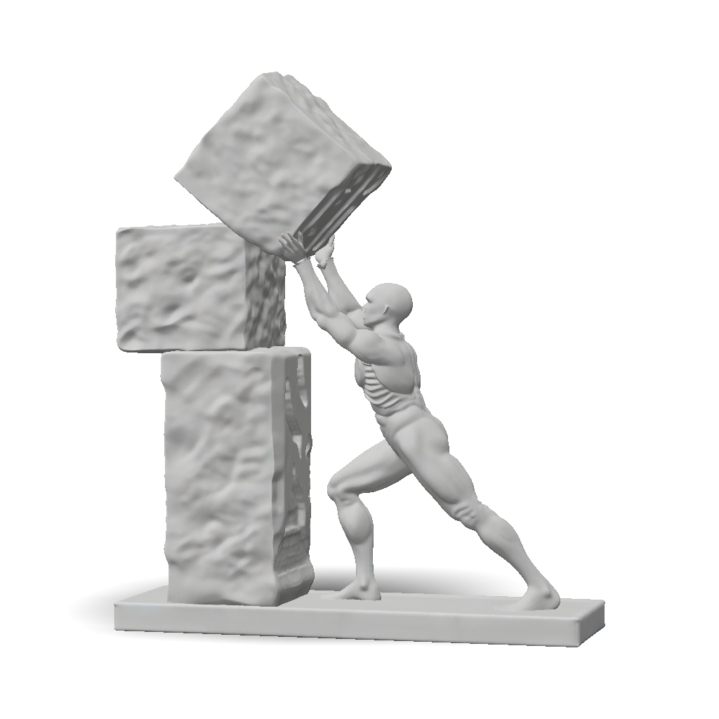 3D Model: humanoid figure pushing stacked stone blocks on a base