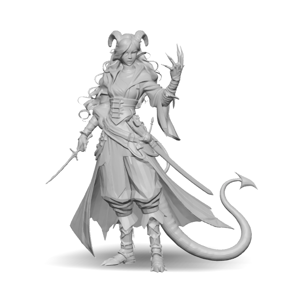 3D Model: demon warrior character with horns long tail dark armor and sword