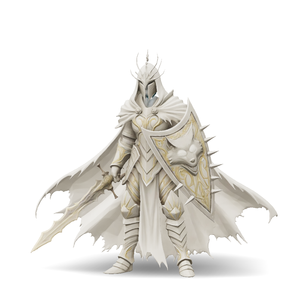 3D Model: Armored fantasy knight in white and gold wielding a glowing ...