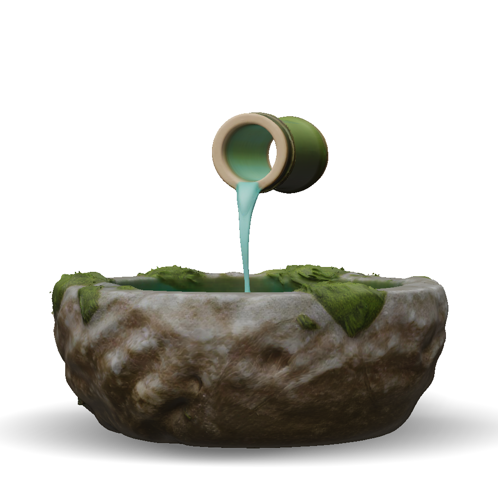 3D Model: Full object shot 1 5 Stone Water Basin Tsukubai with Bamboo Pipe