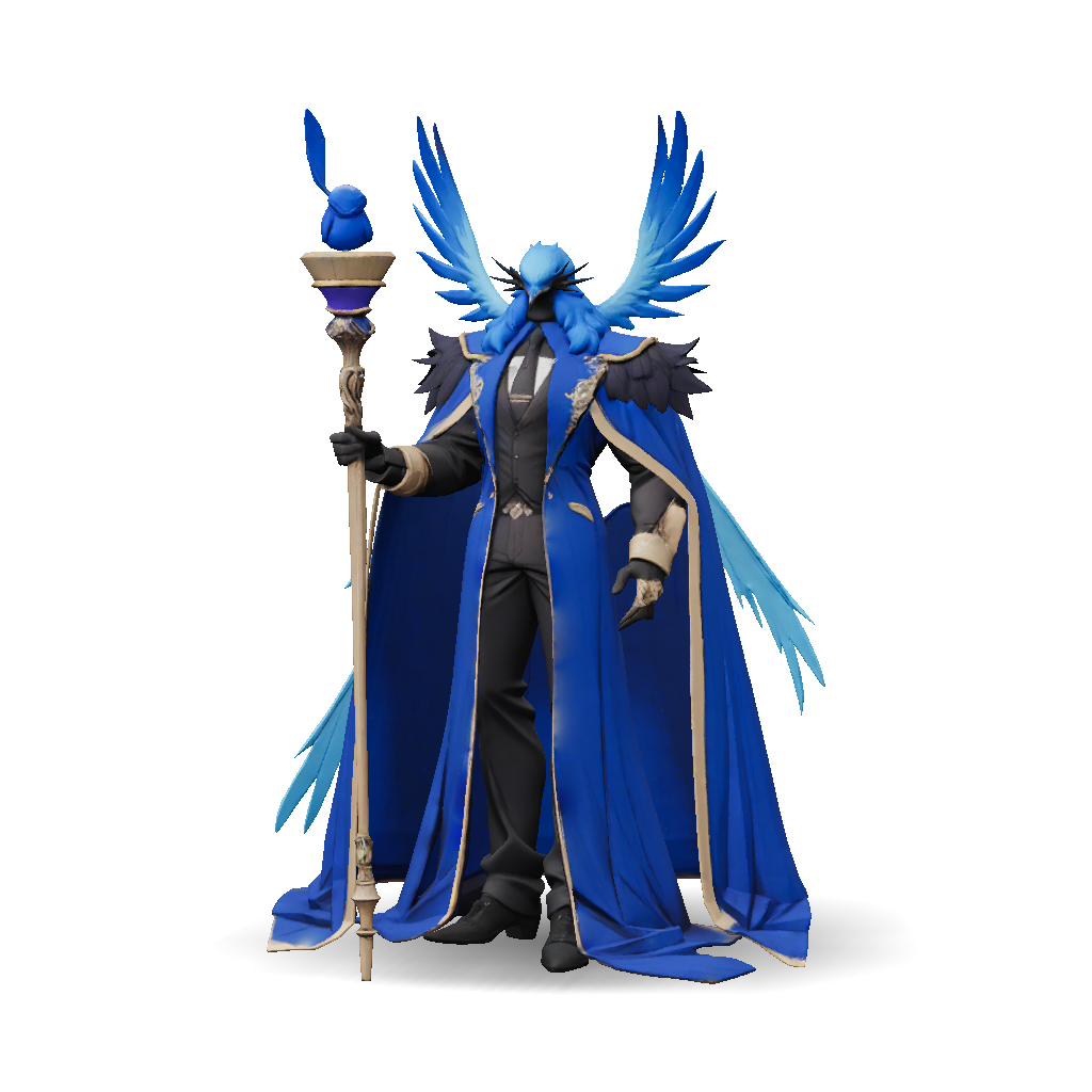 3D Model: blue feathered humanoid with halo ornate blue and gold suit ...