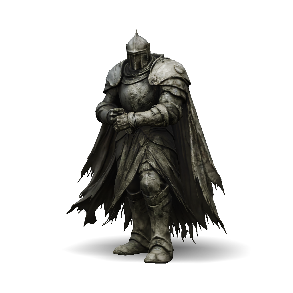 3D Model: armored knight in weathered plate armor with a tattered cape