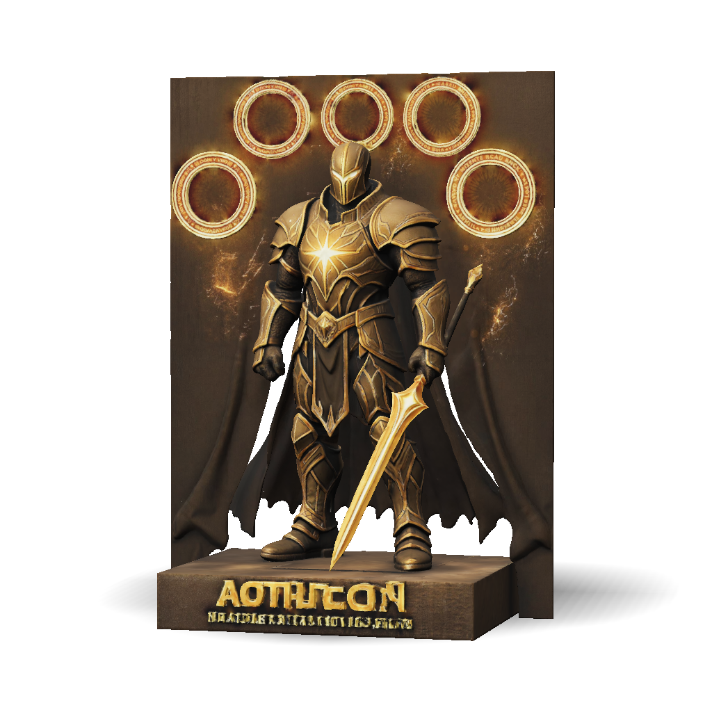 3D Model: A celestial knight in gold armor with a glowing sword and ...
