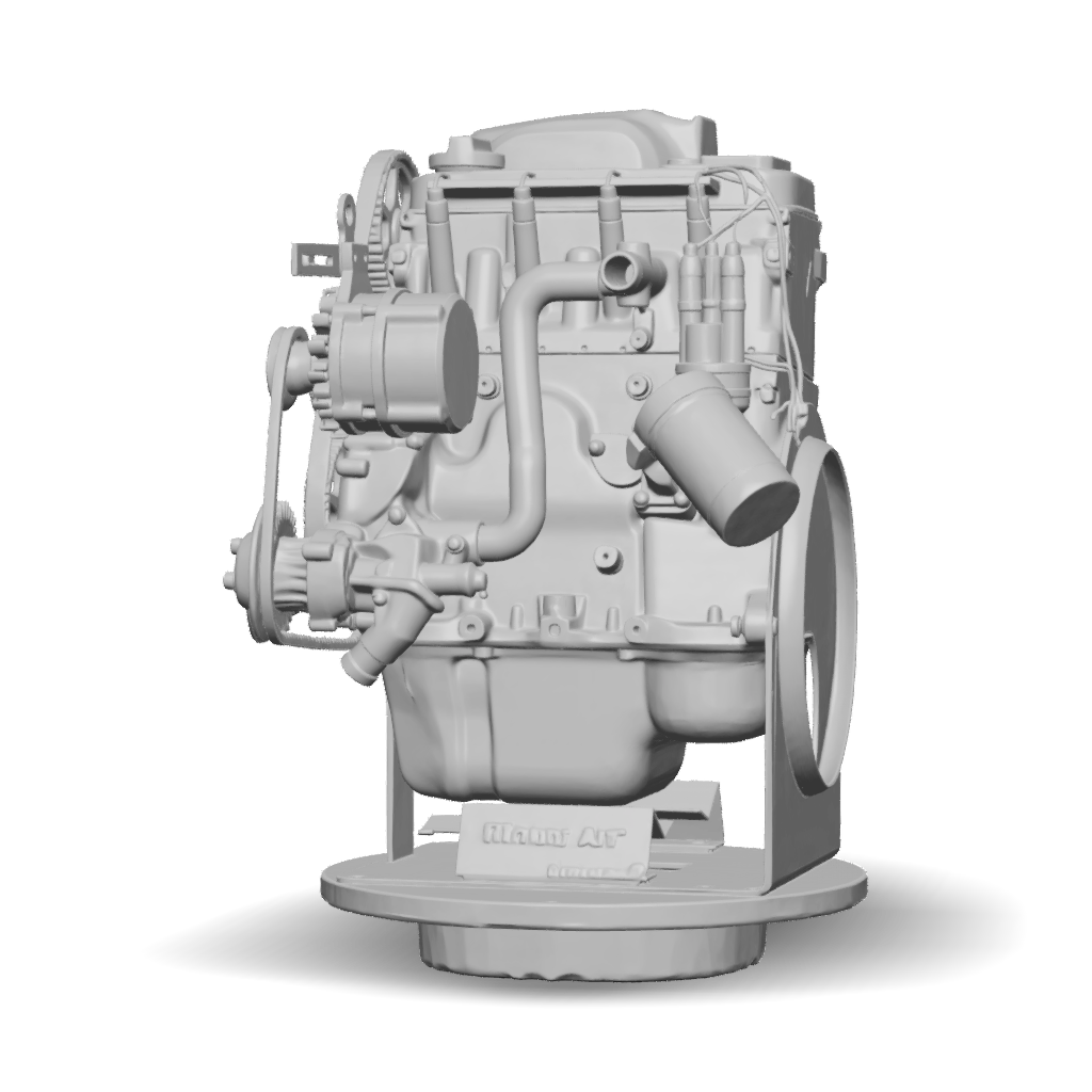 Engine Model Display 3D Model: engine model with metallic gears and components on display stand