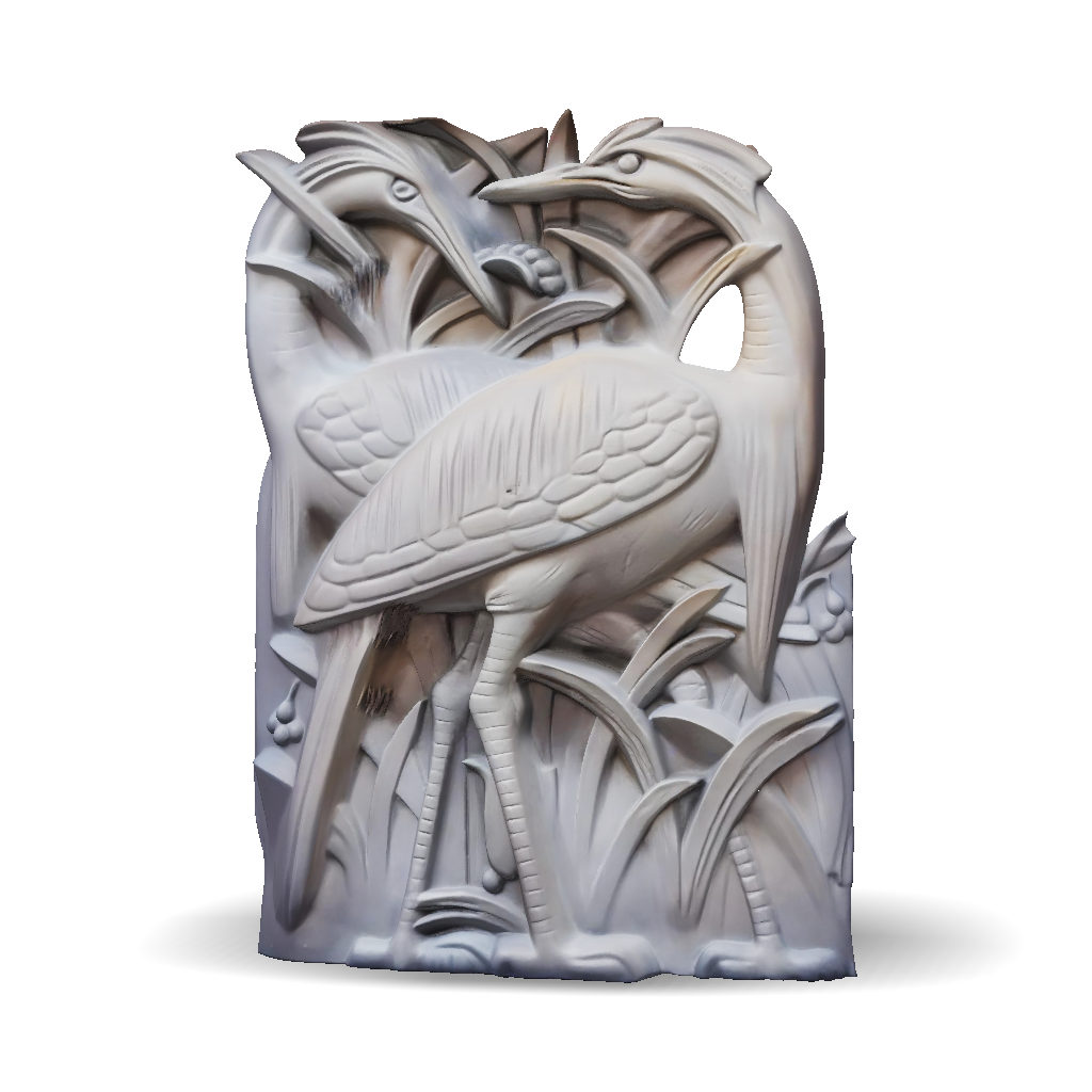 3D Model: stone relief panel of two birds among reeds carved in bas relief