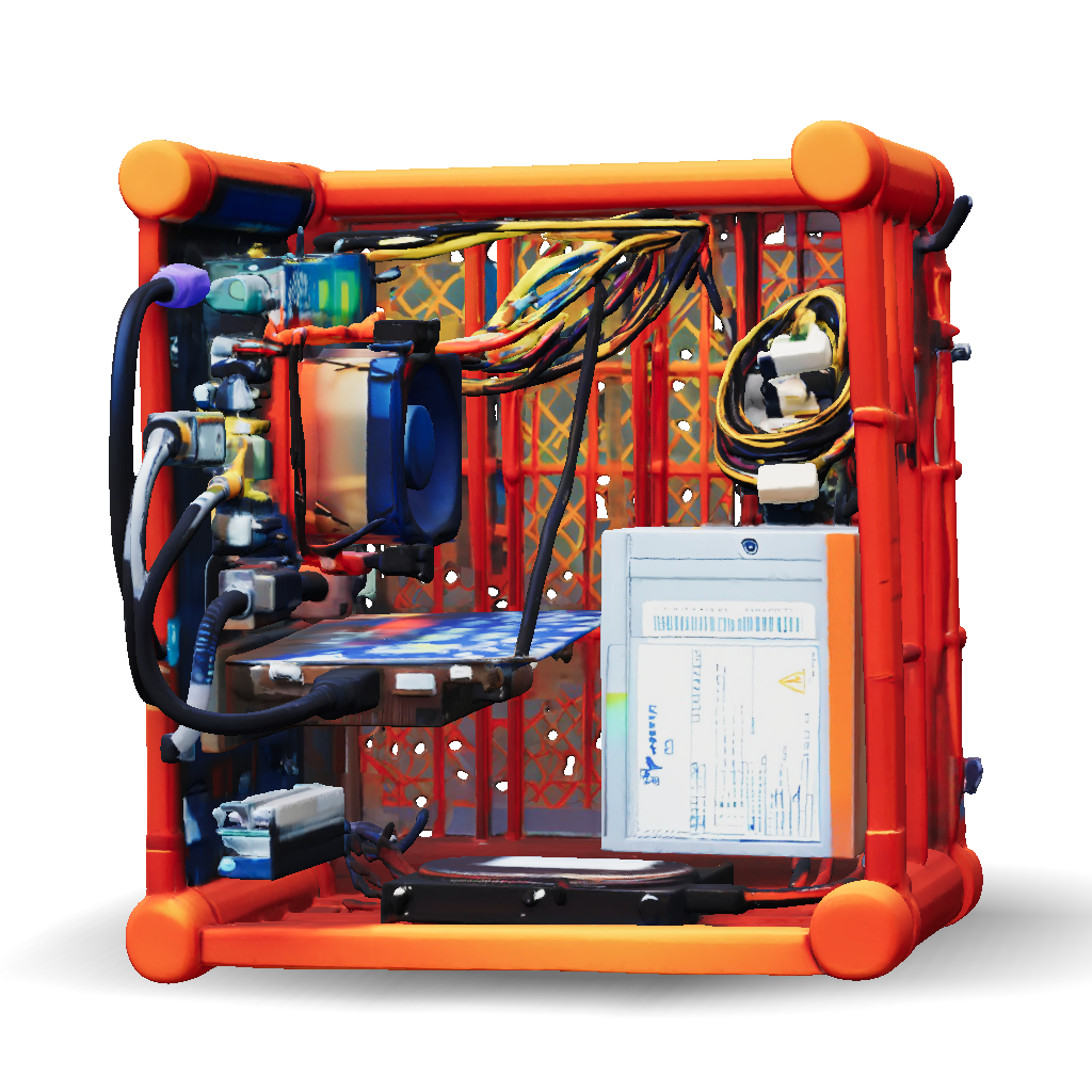 Open Body Computer 3D Model: orange open frame computer chassis exposing motherboard power ...