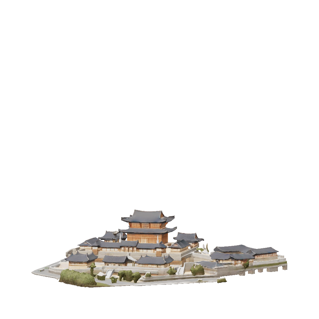 3D Model: aerial view of traditional temple complex on hillside with ...