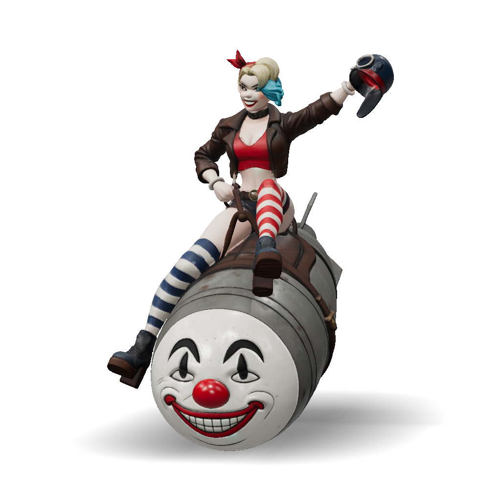 Gal Riding Bomb 3D Model: Woman Riding Bomb With Clown Face Prop Stylized Weapon
