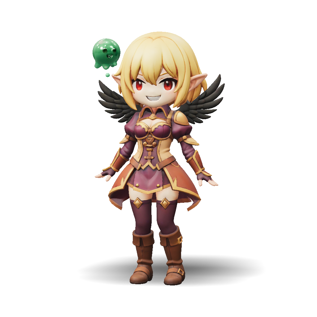 Elixir Elf 3D Model: chibi fantasy elf warrior with black wings in ornate purple ...