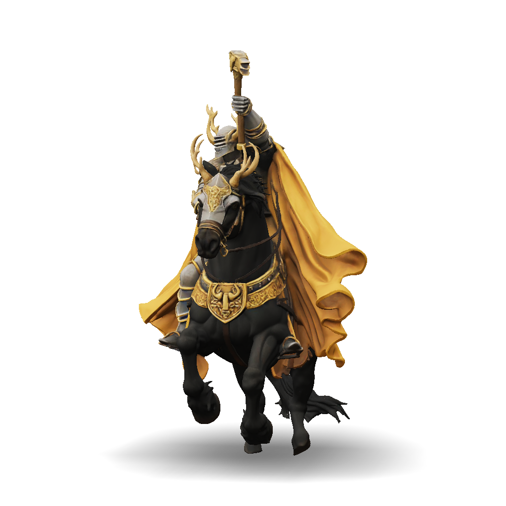 3D Model: knight on horse wearing ornate gold armor and cape wielding a ...