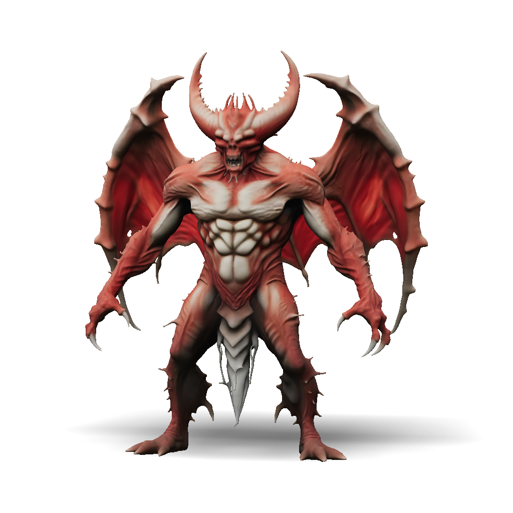 3D Model: Red Horned Winged Demon With Muscular Torso Clawed Hands And ...