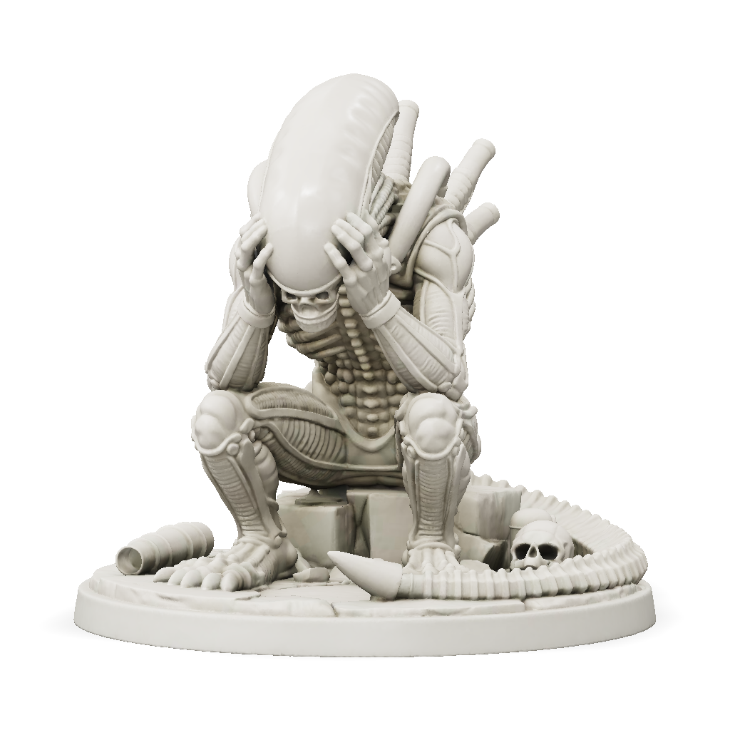 3D Model: alien creature sculpture with ribbed exoskeleton crouched on ...