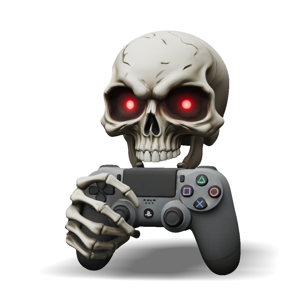 3D Model: skull holding game controller stylized prop with dark background