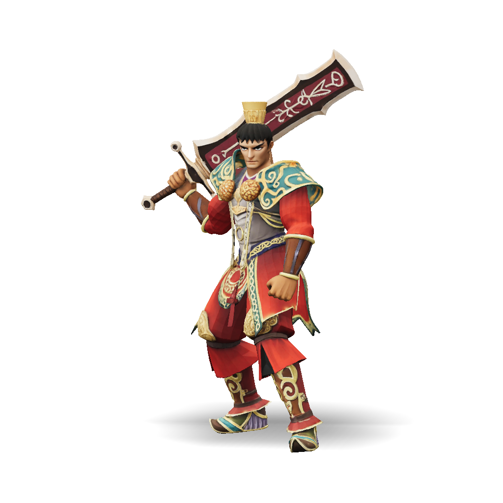 3D Model: armored warrior with oversized ornate sword in red and gold armor