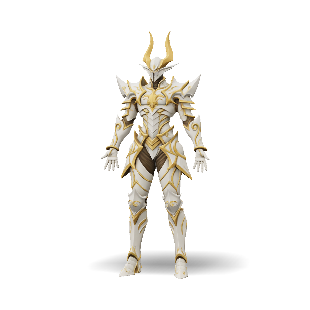3D Model: ornate white and gold armored knight with horned helm full ...