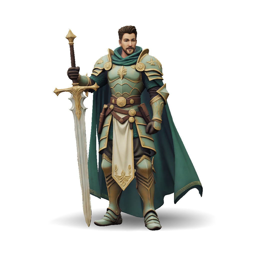 3D Model: medieval knight in ornate green and gold armor with long ...