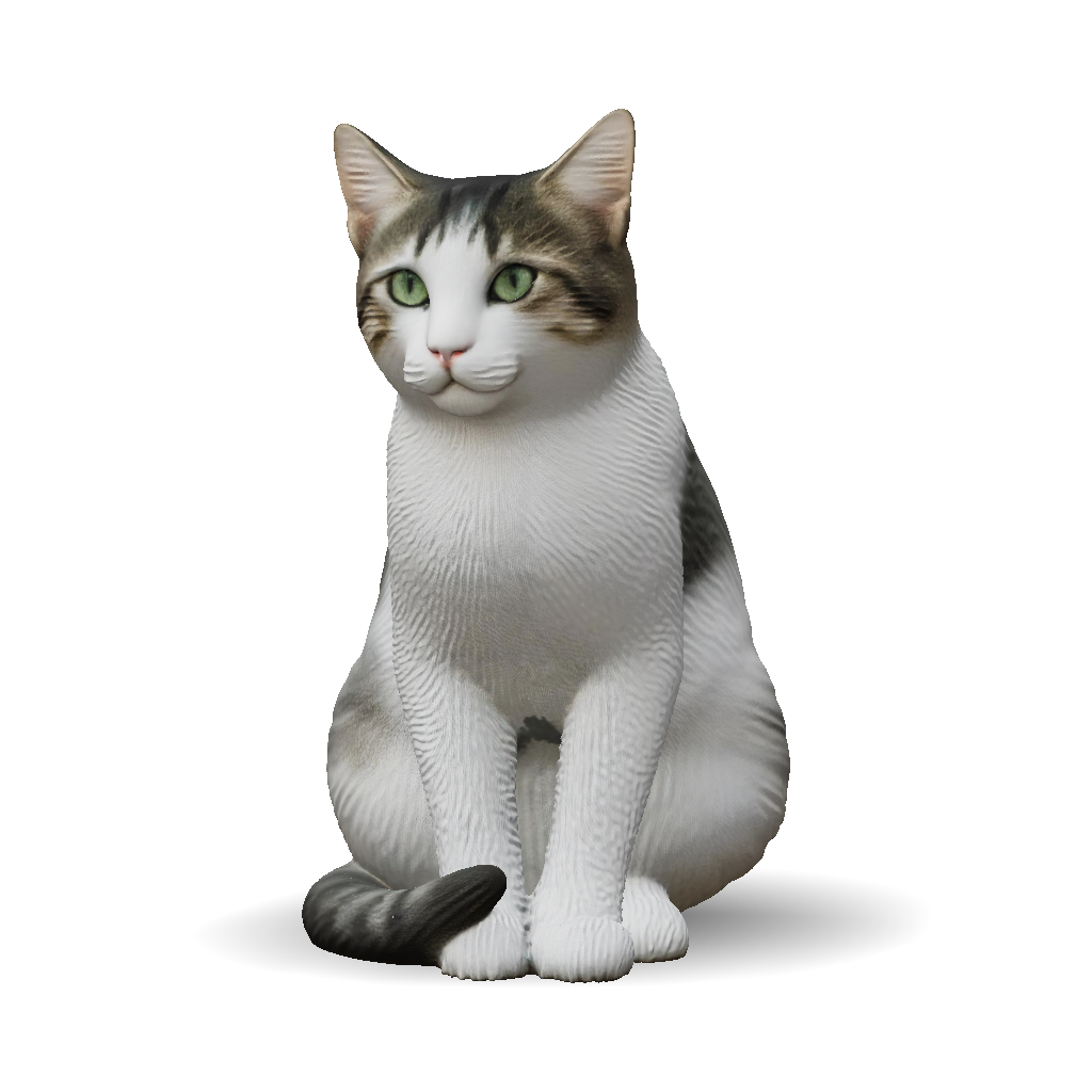3D Model: gray and white tabby cat with green eyes fur texture visible