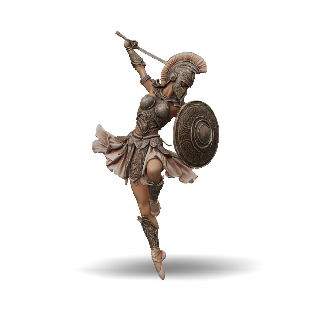 3D Model: Female Armored Warrior With Ornate Silver Armor Shield And Sword