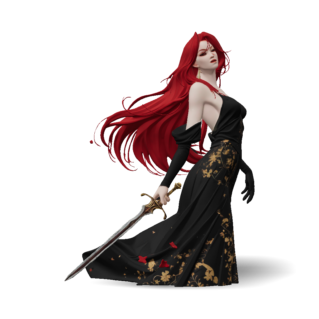 3D Model: Female warrior with long red hair in a black gown with gold ...