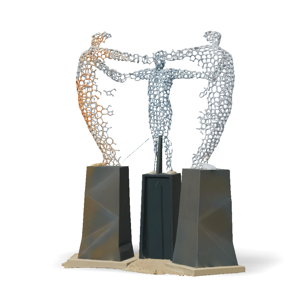 Metal Human Size Construct 3D Model: tall abstract metal sculpture of two humanoid forms connected ...