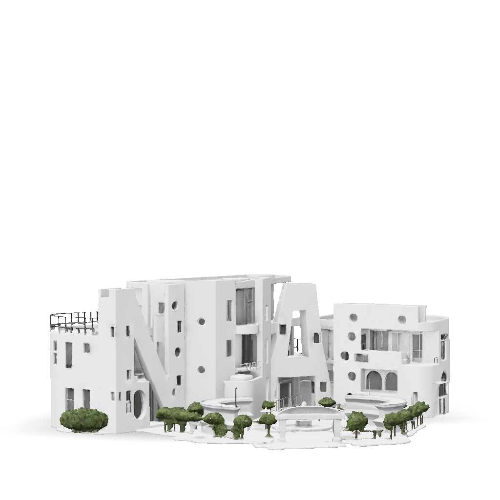 3D Model: architectural complex with curved plaza and interconnected ...