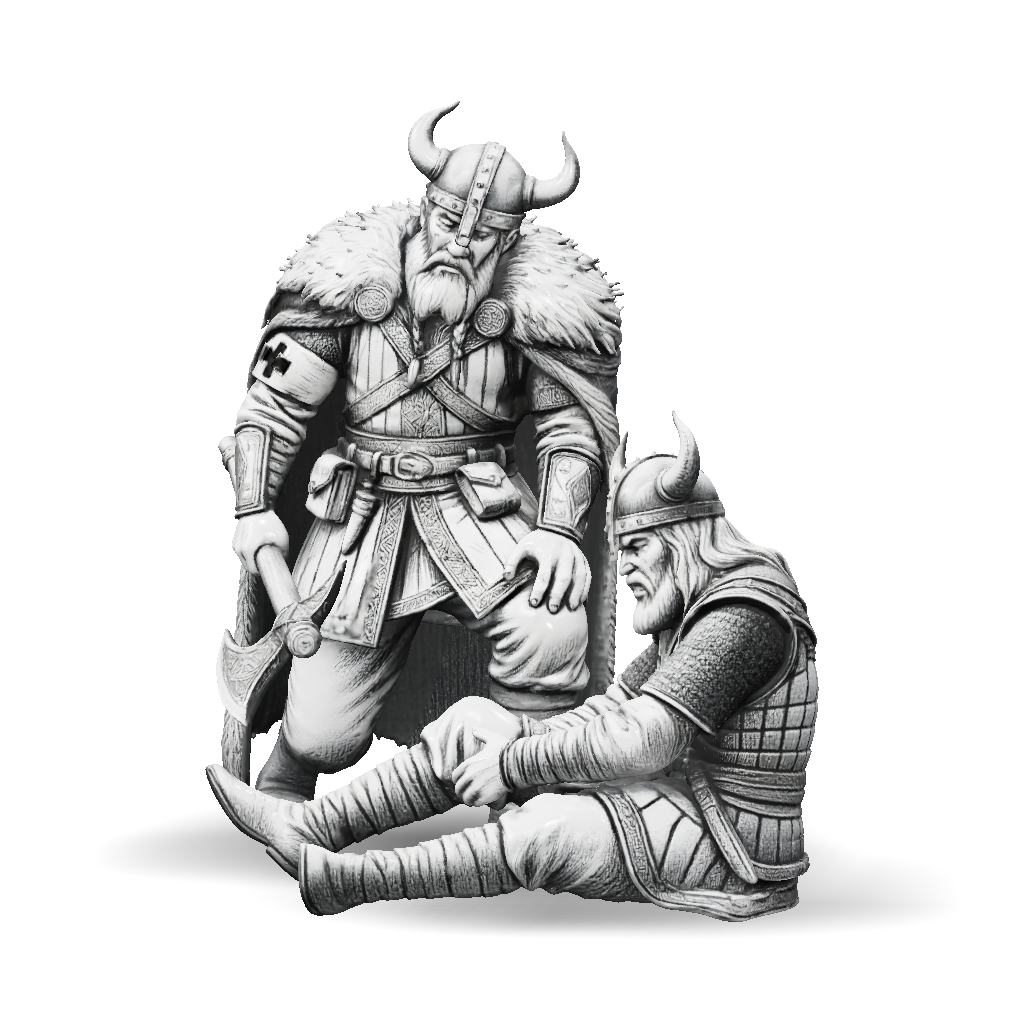 3D Model: viking warrior with fur cloak horned helmet and axe beside ...