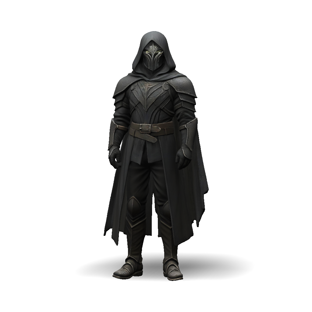 3D Model: Dark hooded armored figure with layered plate armor and cape