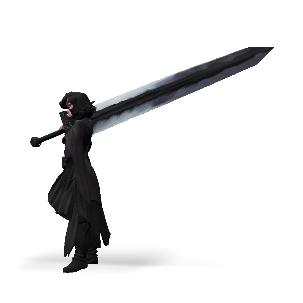 3D Model: female warrior with oversized sword and dark cloak fantasy armor