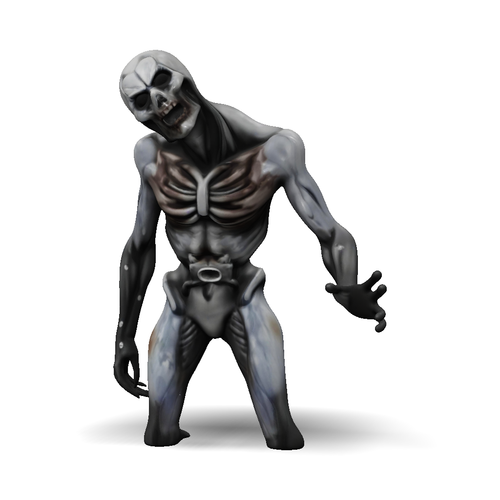 3D Model: zombie like humanoid with exposed ribcage and dark gray skin