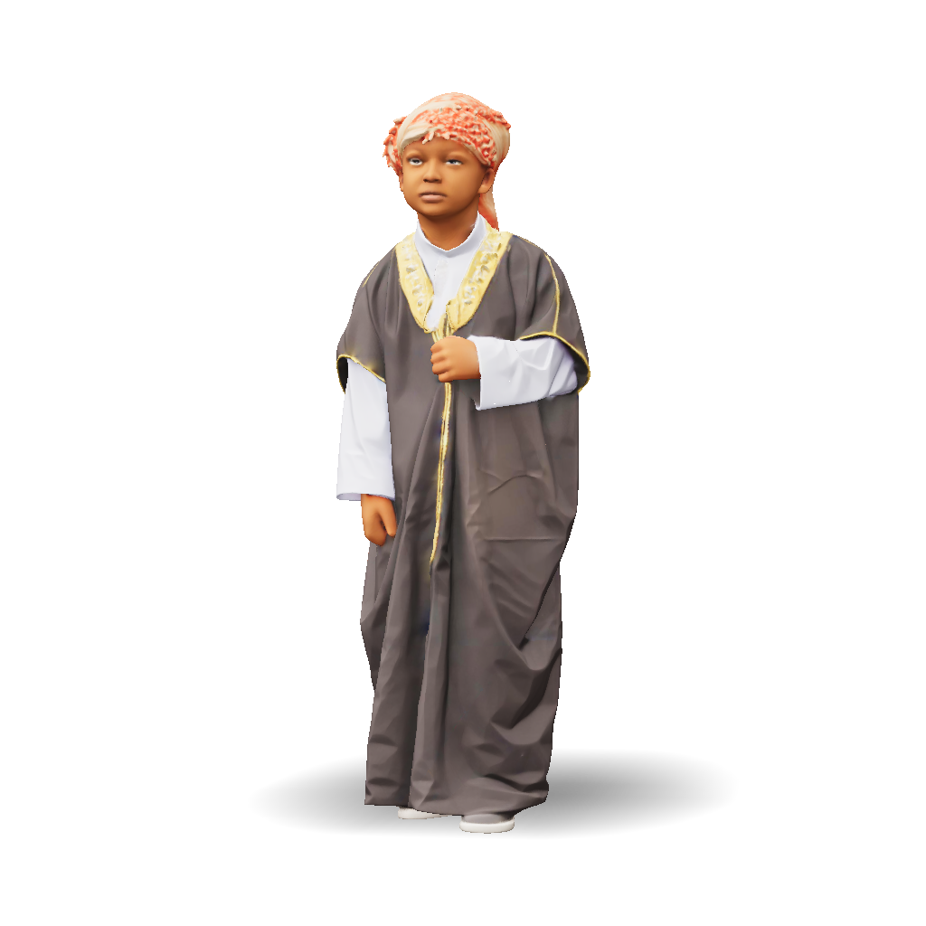 3D Model: child wearing a traditional robe with gold trim and white ...