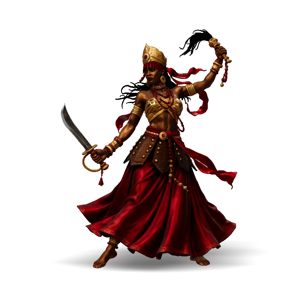 3D Model: Female warrior in ornate gold armor with red flowing skirt ...