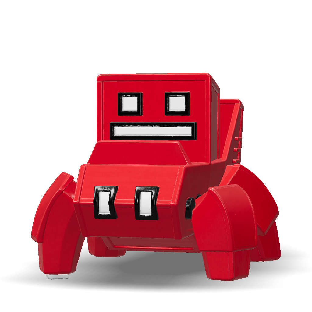 3D Model: boxy robot with teal panels and red limbs on a track chassis ...