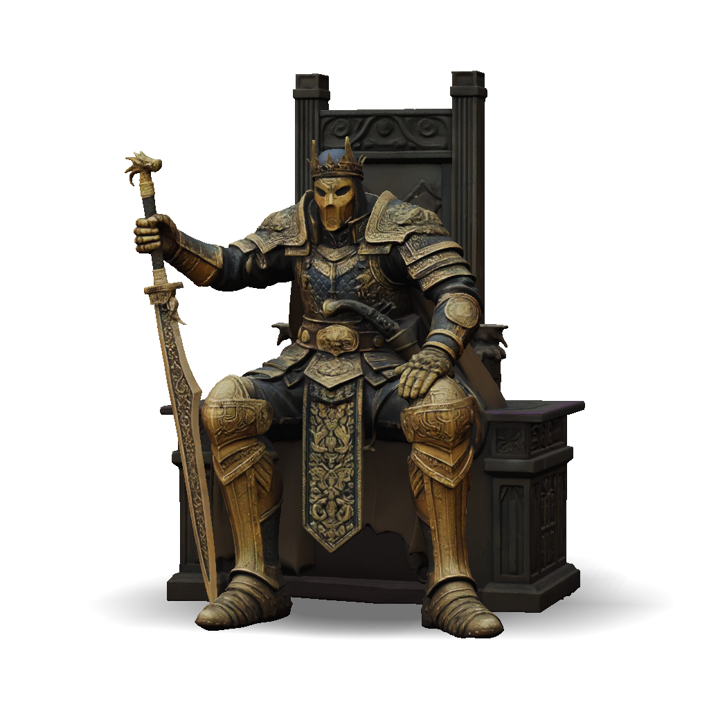 3D Model: ornate armored knight with gold engravings crown and sword