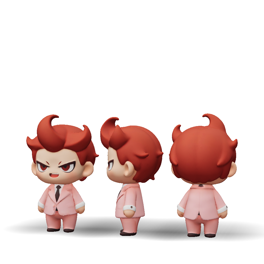 Project Red Chibi 3D Model: red haired chibi businessman with pink suit multiple angles ...